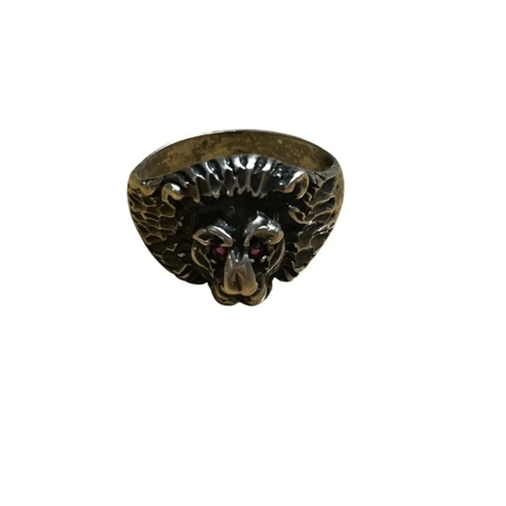 Vintage Sterling Silver Lion Head Ring Ruby Eyes SZ 9 Atlantic‎ Jewelry Co